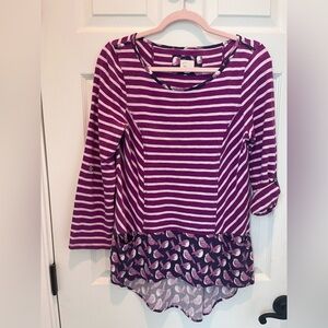 Anthropologie Postmark Cotton Rayon Purple Striped Bird Print HiLo Ruffle Top